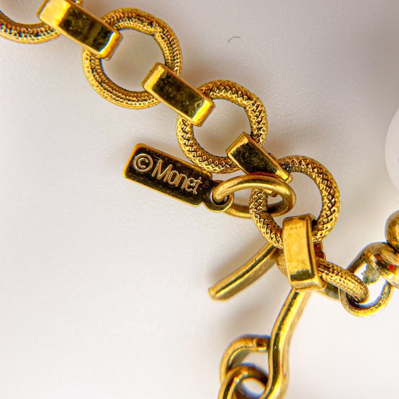 Vintage Monet Signed White and Gold Bead Choker Necklace with Extension - Picture 3 of 3